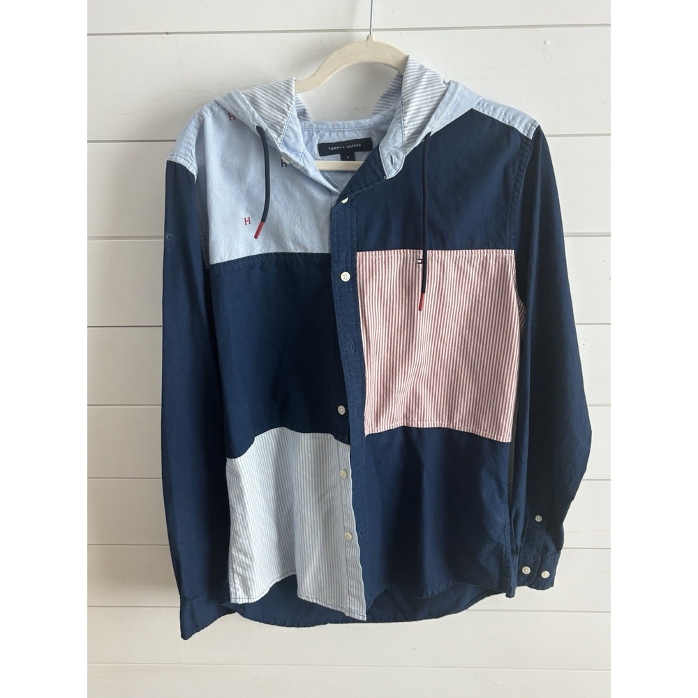 Tommy hilfiger shirt Mens Sz M Hooded Patch Work Long Sleeve Shirt Polo 0662